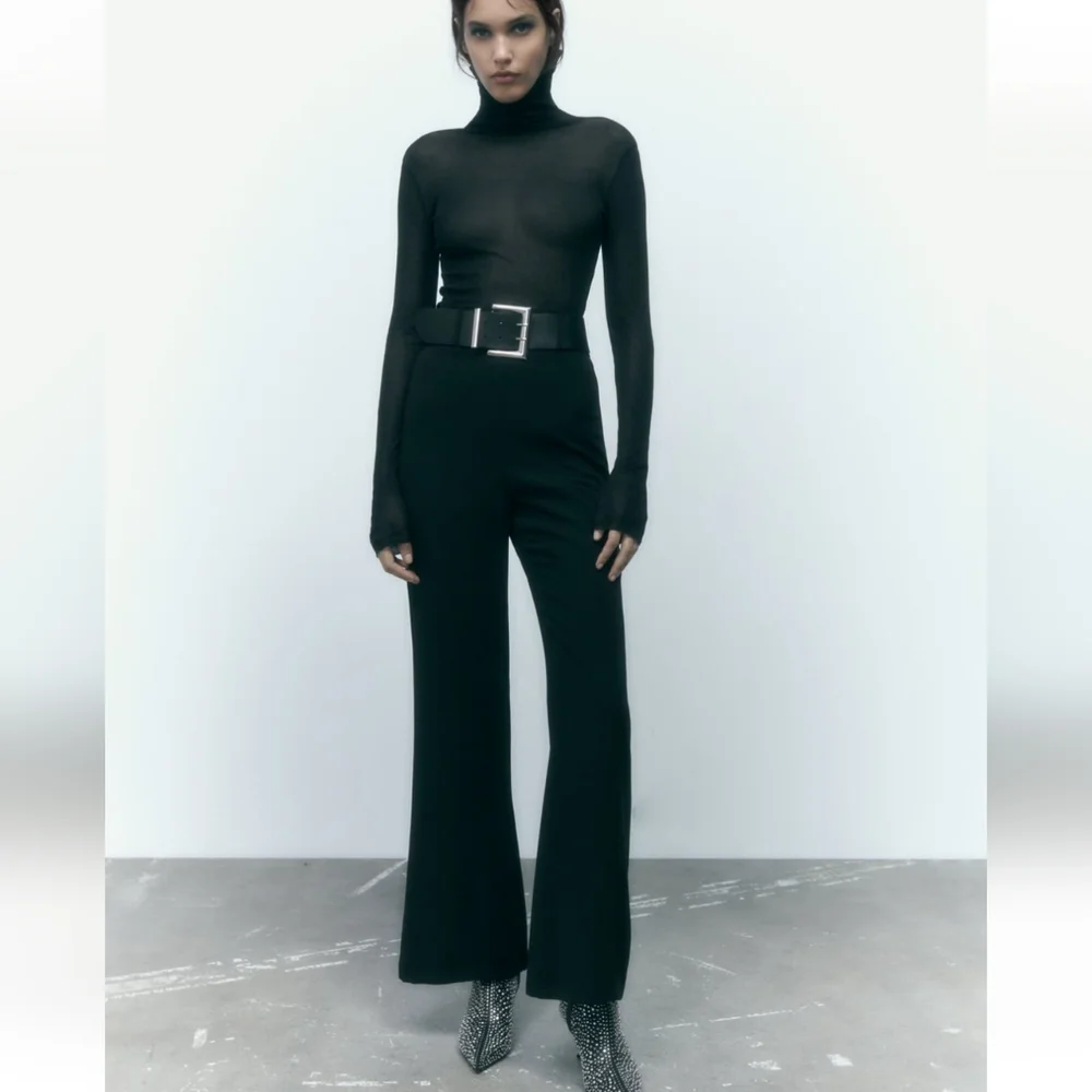 Zara * High Waist Belted Flare Pants Black Size XS